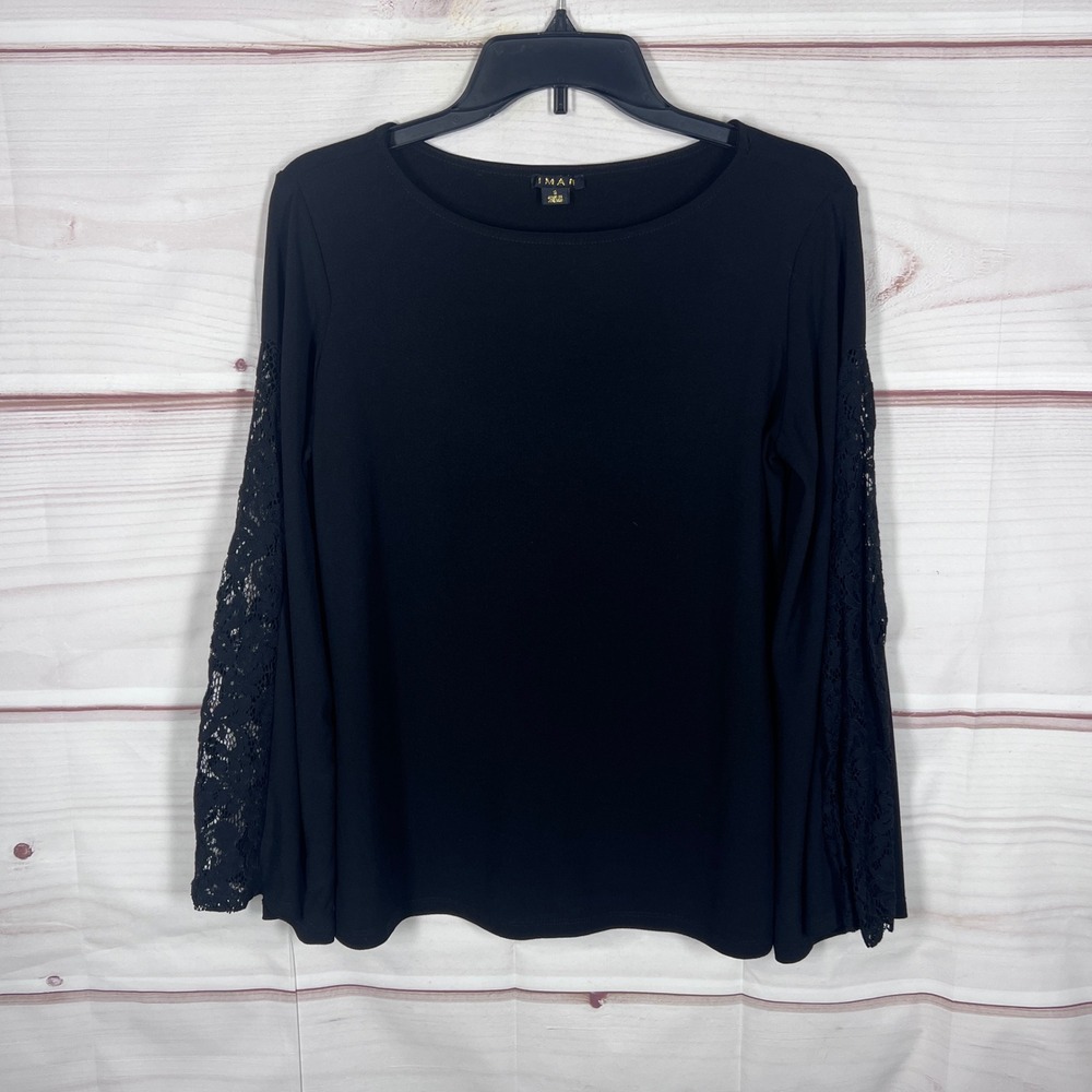 IMAN Lace Inset Bell Sleeve Top Womens Small Black Solid Scoop Neck Blouse Knit